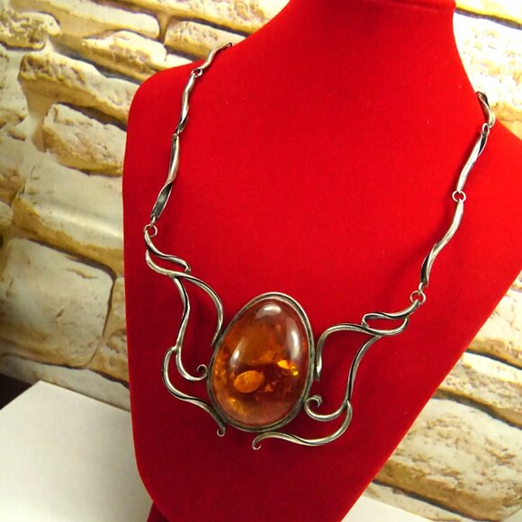 Giant Amber & 925 Sterling Silver Link Necklace - Rare Gift For Women - Picture 10 of 10